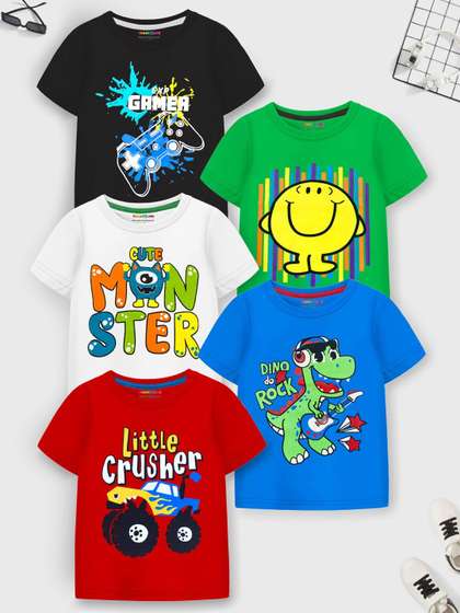 YK X Trampoline Boys
                    Pack Of 5 Graphic Printed Round Neck T-shirts