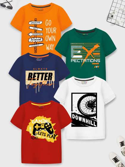 YK X Trampoline Boys Pack Of 5 Typography Printed T-shirt