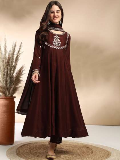 MOKOSH Women Silk Embroidered Anarkali Kurta And Pant With Dupatta Set