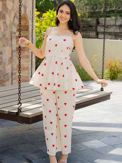HOUSE OF JAMOTI Printed Linen Shoulder Straps Top With Trousers