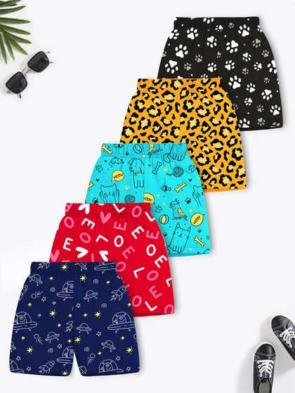 YK X Trampoline Pack Of
                    5 Kids Graphic Printed Mid-Rise Cotton Shorts