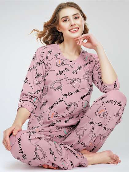 Zeyo Lapel Collar
                        Printed Pure Cotton Night suit