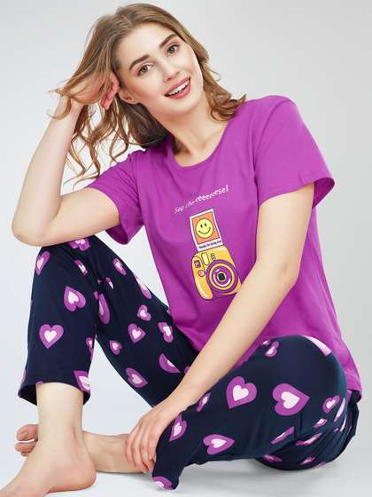 Zeyo Round Neck
                        Short Sleeves Printed Pure Cotton Night suit