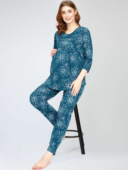 Zeyo Floral
                          Printed Round Neck Pure Cotton Maternity Night
                          suit