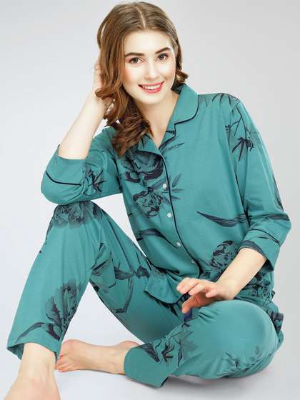 Zeyo Lapel Collar
                        Printed Pure Cotton Night suit