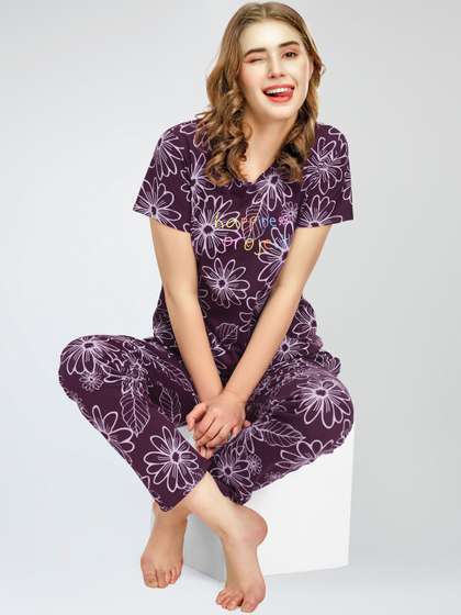 Zeyo Round Neck
                        Short Sleeves Printed Pure Cotton Night suit