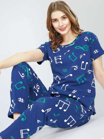 Zeyo Round Neck
                        Short Sleeves Printed Pure Cotton Night suit