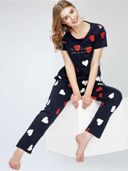 Zeyo Round Neck
                          Short Sleeves Printed Pure Cotton Night suit