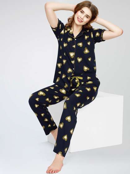 Zeyo Lapel Collar
                        Printed Pure Cotton Night suit