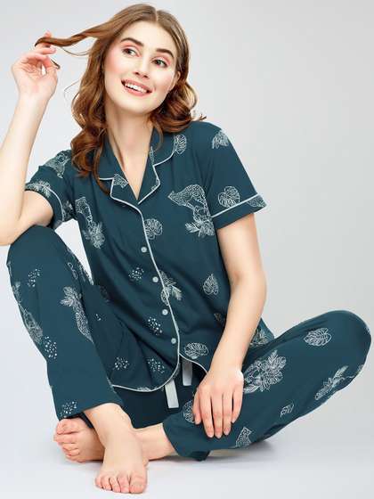 Zeyo Lapel Collar
                        Short Sleeves Printed Pure Cotton Night suit