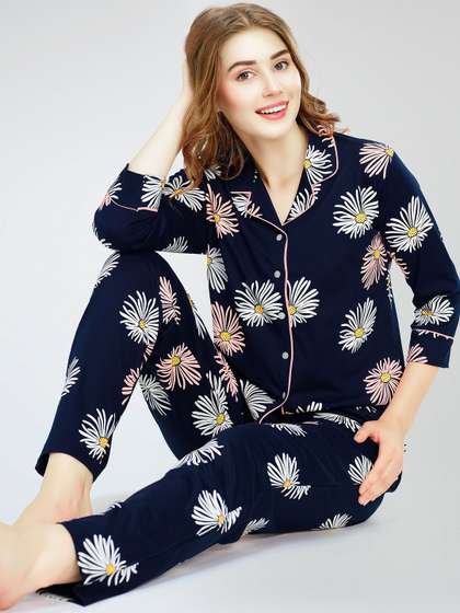 Zeyo Floral Printed
                        Lapel Collar Pure Cotton Night suit
