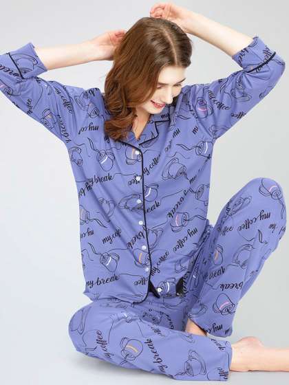 Zeyo Lapel Collar
                        Typography Printed Pure Cotton Night suit