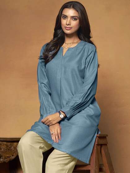 Sangria Pure Cotton Puffed Sleeves Straight Kurta With Trousers