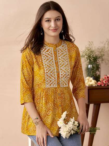 Anouk X fwd Bandhani Printed Thread Work A-Line Short Kurti