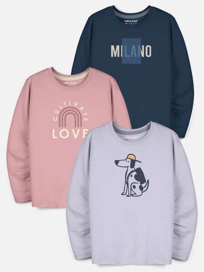 HELLCAT Boys Pack Of 3 Typography Printed Round Neck T-shirt