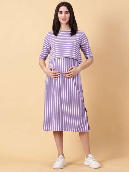 PURPLE FLAUNT Striped
                      Maternity A-Line Midi Dress