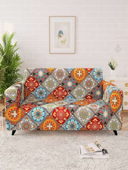 Story@home Orange & Yellow Printed 2 Seater Stretchable Sofa Cover With Arms
