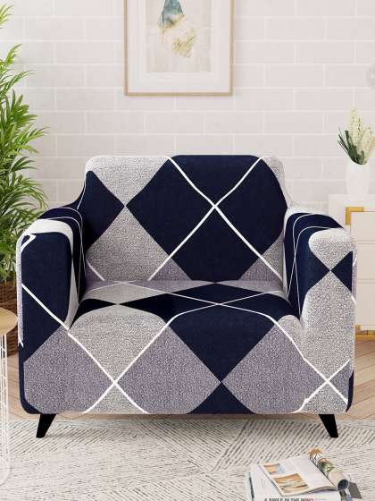 Story@home Navy Blue & Grey Printed 1 Seater Stretchable Sofa Cover With Arms