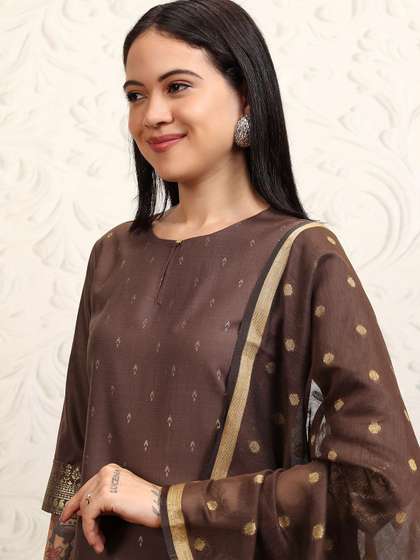 Vishudh Brown Ethnic Motifs Printed Keyhole Neck Straight Kurta With Palazzos & Dupatta