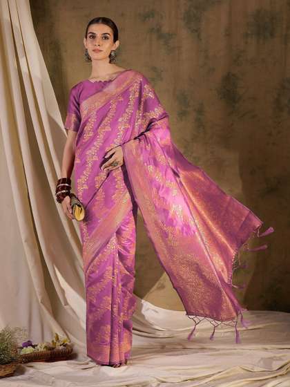 Sangria Ethnic
                          Motif Zari Woven Striped Banarasi Saree with
                          Blouse