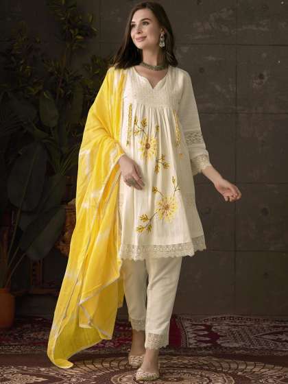 Anouk Embroidered Pleated Chikankari Pure Cotton A-Line Kurta With Trousers & Dupatta