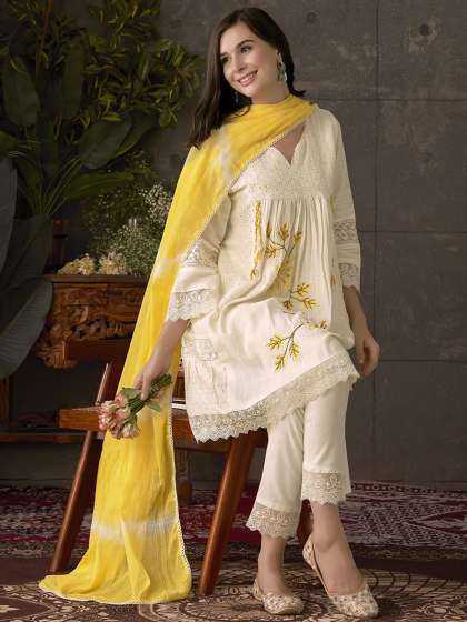 Anouk Embroidered Pleated Chikankari Pure Cotton A-Line Kurta With Trousers & Dupatta