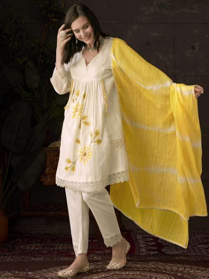 Anouk Embroidered Pleated Chikankari Pure Cotton A-Line Kurta With Trousers & Dupatta