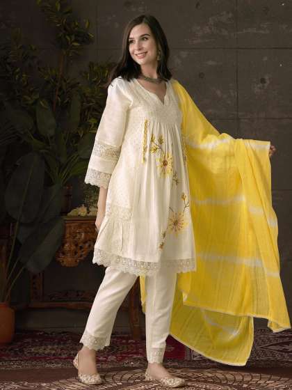 Anouk Embroidered Pleated Chikankari Pure Cotton A-Line Kurta With Trousers & Dupatta