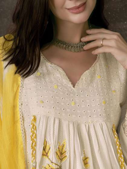 Anouk Embroidered Pleated Chikankari Pure Cotton A-Line Kurta With Trousers & Dupatta
