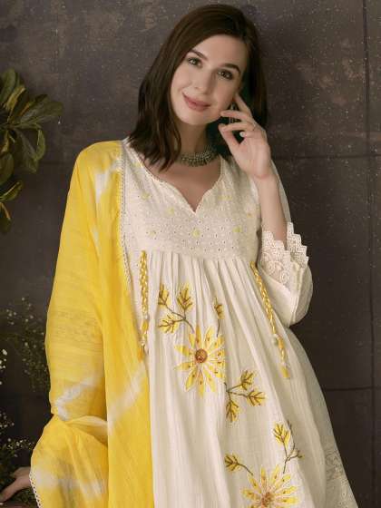 Anouk Embroidered Pleated Chikankari Pure Cotton A-Line Kurta With Trousers & Dupatta