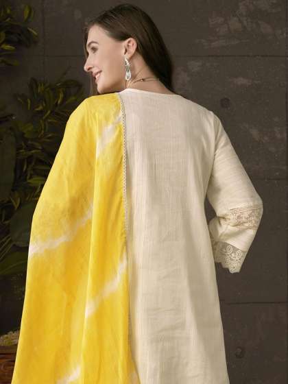 Anouk Embroidered Pleated Chikankari Pure Cotton A-Line Kurta With Trousers & Dupatta