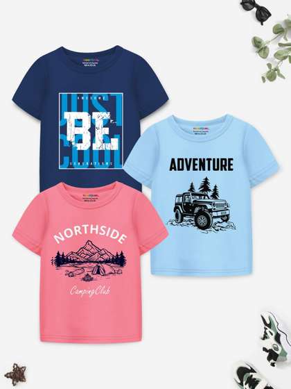 YK X Trampoline Boys Pack Of 3 Typography Printed Round Neck T-shirts