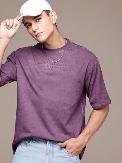 Roadster The Life Co. Drop-Shoulder Embossed & Washed Effect Pure Cotton Relaxed T-shirt