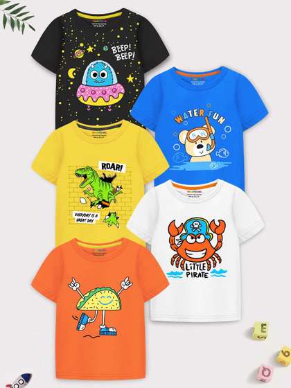 YK X Trampoline Boys
                    Pack Of 5 Graphic Printed Round Neck T-shirts