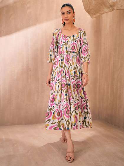 Pink Paprika by
                        SASSAFRAS Printed Belted Tiered Cotton A-Line
                        Midi Ethnic Dress