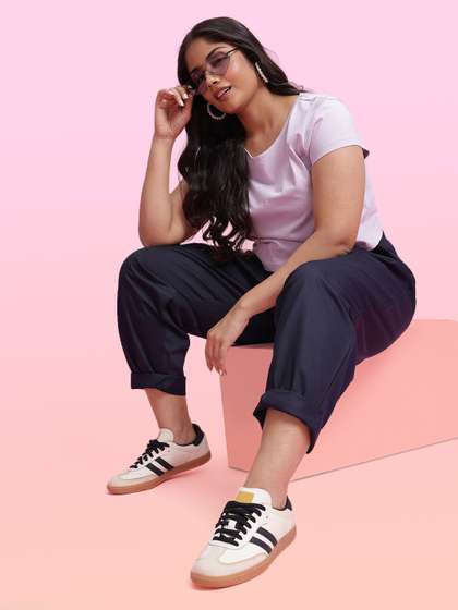 DressBerry Curve
                          Plus Size Women Tapered Fit Pleated Pure
                          Cotton Trousers