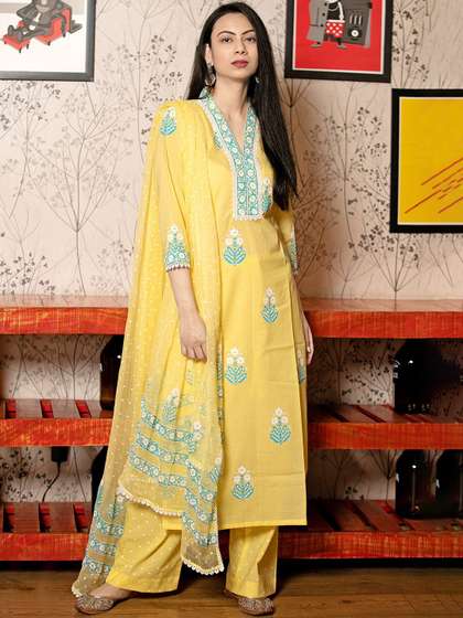 GoSriKi Ethnic Motifs Printed Straight Kurta with Palazzos & Dupatta