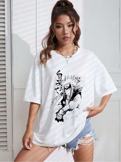 TRENDY RABBIT Women Graphic Anime Printed Round Neck Cotton Oversized T-shirt