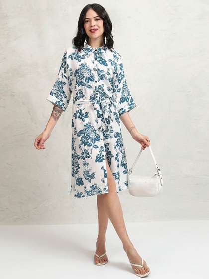 Vishudh Women Floral
                        Print Shirt Collar Flared Sleeve Knee Length
                        Shirt Dress
