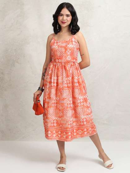 Vishudh Floral
                        Printed Shoulder Straps Fit and Flare Midi
                        Dress