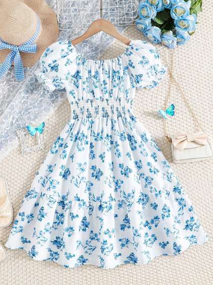 BAESD Girls Floral
                    Printed Puff Sleeves Cotton Fit & Flare Dress