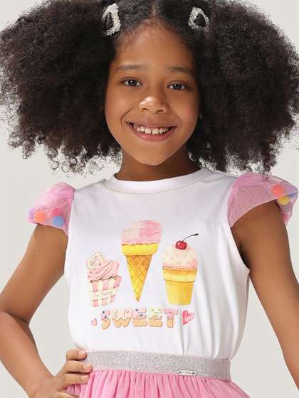 One Friday Kids Girls
                    White Cotton Round Neck Printed Cotton Top