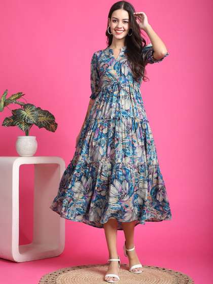 Claura Women Floral
                        Print Mandarin Collar Short Sleeves Fit and
                        Flare Midi Dress