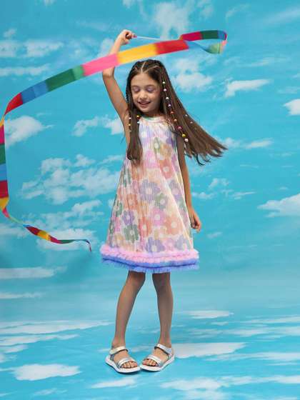 LIL DRAMA Girls Floral
                    Printed Halter Neck A-Line Dress