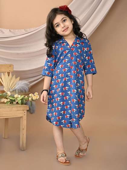 Sangria Girls Shirt
                    Collar Elephant Printed Cotton Dress