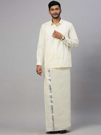 Ramraj Men Cotton
                        Solid Silver Jari Border Double Layer Dhoti