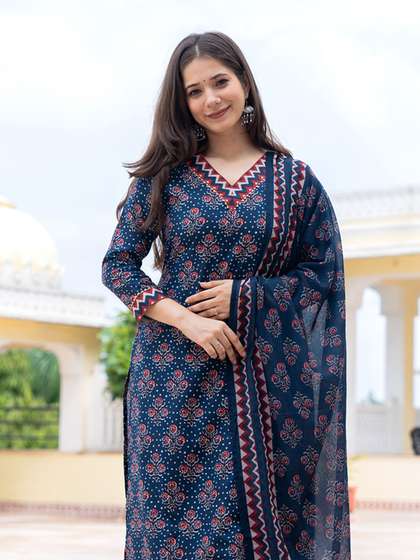 KALINI Floral Printed Straight Kurta With Trousers & Dupatta