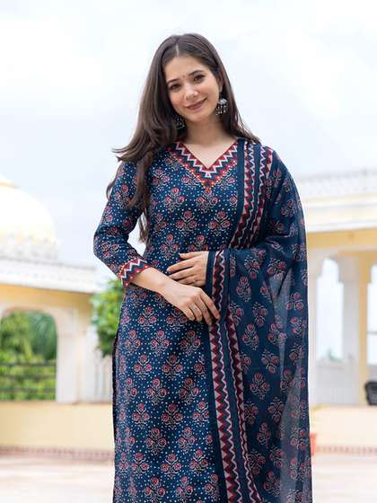 KALINI Floral
                          Printed Straight Kurta With Trousers &
                          Dupatta