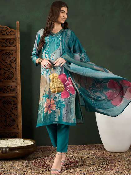 KALINI Floral Printed Thread Work Straight Kurta With Trousers & Dupatta