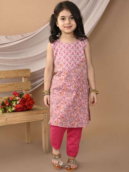 Sangria Pink Girls
                    Floral Printed Pure Cotton Sleeveless Kurta Set